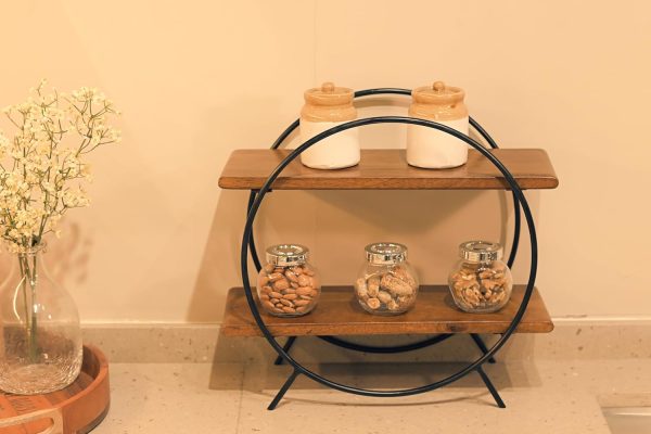 Modern Wooden & Iron Spice Rack | 2-Tier Circle Shelf for Kitchen & Home Decor | Wall Mounted Display Organizer | Black & Brown Round Storage Rack | Industrial Style Multipurpose Shelf - Image 3
