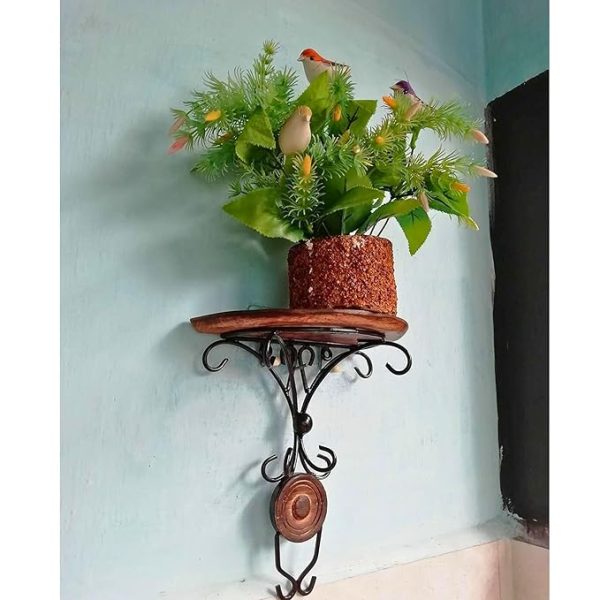 Wall Bracket Shelf – Wooden Top with Black Iron Frame | Brown & Black Antique Design | Decorative Wall Mounted Corner Shelf | Iron Scroll Work Bracket | Rustic Home Décor Shelf - Image 5