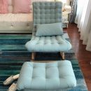 Premium Outdoor Wooden Swing Chair with Ottoman | Light Teal Cushioned Rocking Chair for Balcony, Garden & Patio | Relaxing Lounge Chair | Solid Wood Frame | Stylish & Comfortable Design