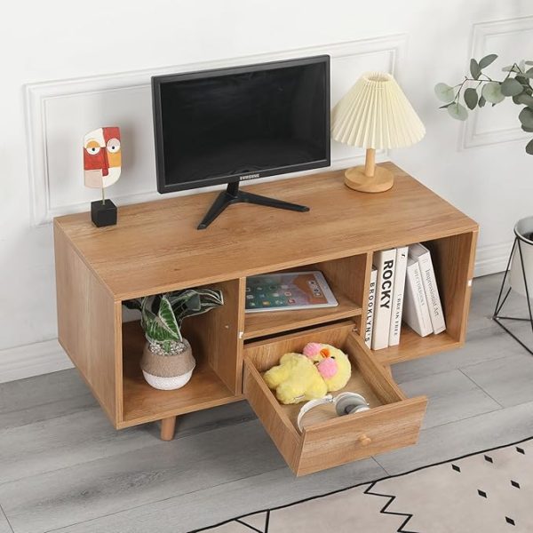 Natural Wooden Entertainment Unit – Set Top Box Stand & TV Cabinet with Open Shelves & Drawer | Solid Wood TV Stand for Living Room | Stylish Storage for Books, Media & Décor - Image 6