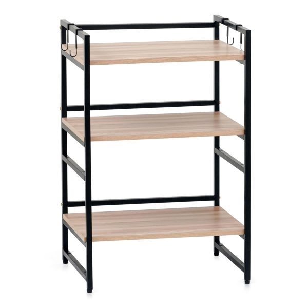 Modern Oven Stand for Kitchen | 3-Tier Brown & Black Rack with Hooks | Heavy-Duty Wood & Iron Multipurpose Shelf Organizer | Space-Saving Kitchen Storage Rack for Microwave, Utensils & More - Image 2