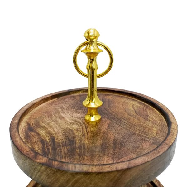 Modern 2-Tier Wooden Cake Stand with Gold Handle | Elegant Natural Wood & Gold Plated Serving Tray | Round Tiered Dessert Display Stand | Rustic Farmhouse Kitchen & Party Decor - Image 4