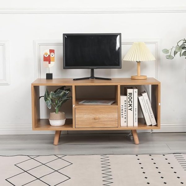 Natural Wooden Entertainment Unit – Set Top Box Stand & TV Cabinet with Open Shelves & Drawer | Solid Wood TV Stand for Living Room | Stylish Storage for Books, Media & Décor - Image 7
