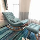 Premium Outdoor Wooden Swing Chair with Ottoman | Light Teal Cushioned Rocking Chair for Balcony, Garden & Patio | Relaxing Lounge Chair | Solid Wood Frame | Stylish & Comfortable Design
