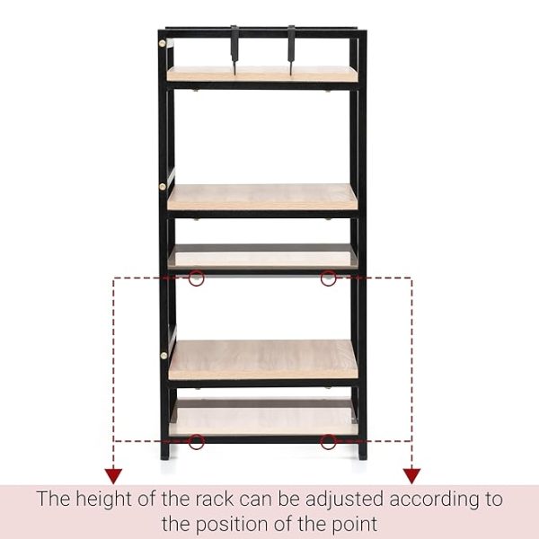 Modern Oven Stand for Kitchen | 3-Tier Brown & Black Rack with Hooks | Heavy-Duty Wood & Iron Multipurpose Shelf Organizer | Space-Saving Kitchen Storage Rack for Microwave, Utensils & More - Image 5
