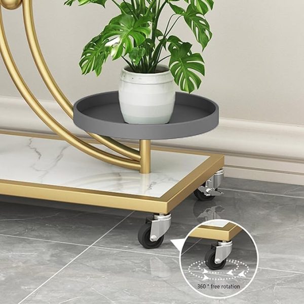 Modern 3-Tier Iron Plant Stand with Wheels | Indoor Flower Pot Holder | Gold Metal Frame & Wooden Shelves | Stylish Plant Display Rack for Home, Balcony, Garden, Living Room - Image 4