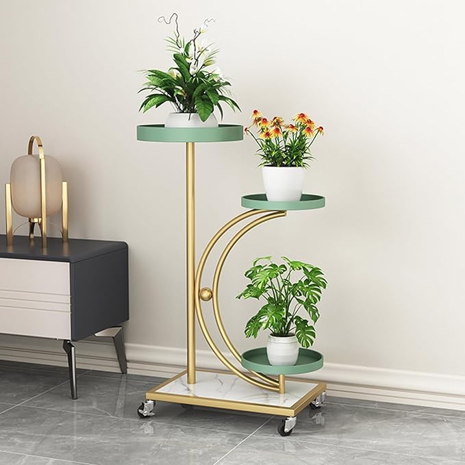 Modern 3-Tier Iron Plant Stand with Wheels | Indoor Flower Pot Holder | Gold Metal Frame & Wooden Shelves | Stylish Plant Display Rack for Home, Balcony, Garden, Living Room