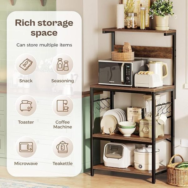 Modern Oven Stand for Kitchen Organizer with Hooks & Shelves | Rustic Brown & Black Iron-Wood Microwave Rack | Multi-Tier Kitchen Storage Shelf | Industrial Style Utility Baker’s Rack - Image 5