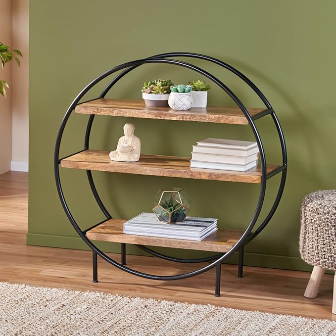 Industrial Round Wall Shelf – 3 Tier Wood & Iron Display Rack – Modern Rustic Circle Bookcase for Living Room, Office, Bedroom – Brown Black Home Decor Storage Organizer Furniture