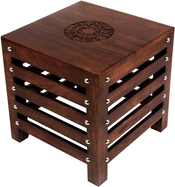 Handcrafted Wooden Bedside Table | Natural Wood Finish | Solid Wood Side Table with Carved Top | Vintage End Table | Wooden Nightstand for Bedroom & Living Room - Image 3