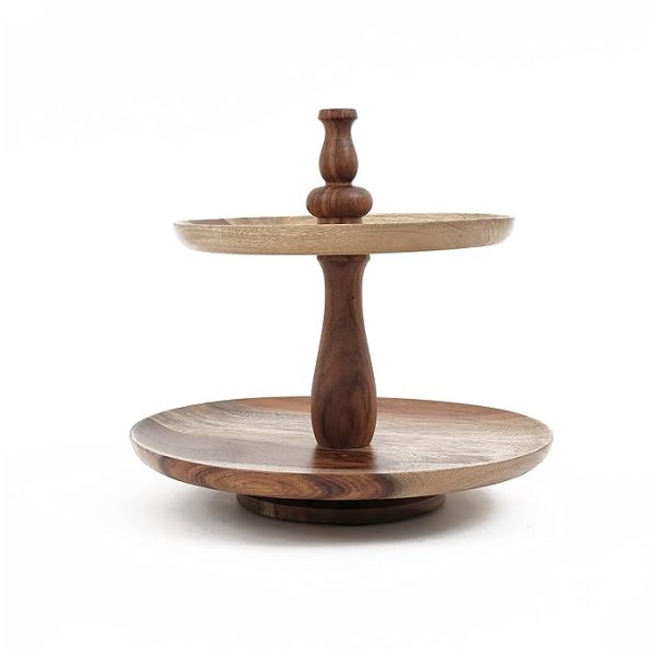 Modern 2-Tier Wooden Cake Stand – Natural Wood Pizza & Dessert Tray | Rustic Round Serving Platter for Parties, Weddings, Events | Decorative Tiered Stand - Image 2