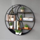 Modern Round Wall Shelf – Floating Iron Frame & Wood Shelves – Yin Yang Design – Brown & Black – Industrial Hanging Display Rack – Decorative Storage Shelf for Home & Office