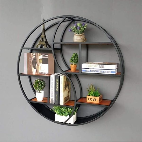Modern Round Wall Shelf – Floating Iron Frame & Wood Shelves – Yin Yang Design – Brown & Black – Industrial Hanging Display Rack – Decorative Storage Shelf for Home & Office - Image 5