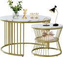 Modern Round Coffee Table Set of 2 – Golden Frame with White MDF Top | Nesting Tables for Living Room | Stylish Iron Base Coffee Table | Luxury Marble Finish Side Tables
