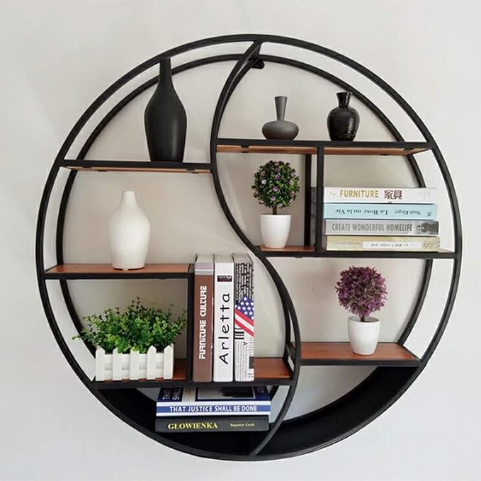 Modern Round Wall Shelf – Floating Iron Frame & Wood Shelves – Yin Yang Design – Brown & Black – Industrial Hanging Display Rack – Decorative Storage Shelf for Home & Office