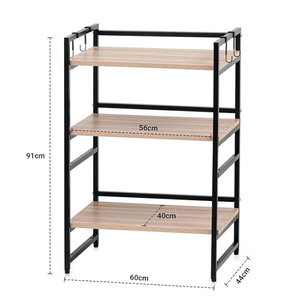 Modern Oven Stand for Kitchen | 3-Tier Brown & Black Rack with Hooks | Heavy-Duty Wood & Iron Multipurpose Shelf Organizer | Space-Saving Kitchen Storage Rack for Microwave, Utensils & More - Image 7