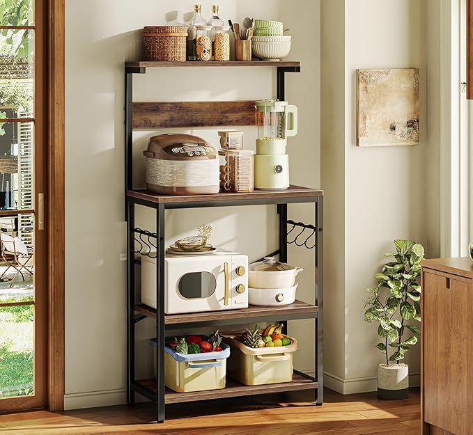Modern Oven Stand for Kitchen Organizer with Hooks & Shelves | Rustic Brown & Black Iron-Wood Microwave Rack | Multi-Tier Kitchen Storage Shelf | Industrial Style Utility Baker’s Rack