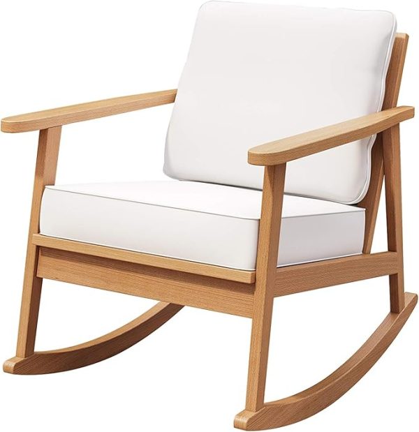 Premium Outdoor Wood- Rocking Chair with White Cushions