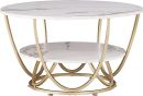 Elegant Round Coffee Table Set – White Marble Finish Top with Golden Iron Base | Luxury Modern Living Room Table | 2-Tier MDF Storage | Stylish Center Table for Home & Office Decor