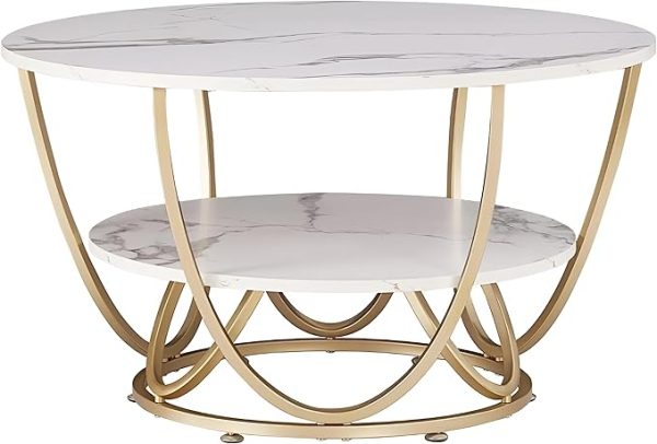 Elegant Round Coffee Table Set – White Marble Finish Top with Golden Iron Base | Luxury Modern Living Room Table | 2-Tier MDF Storage | Stylish Center Table for Home & Office Decor - Image 2