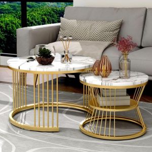 Modern Round Coffee Table Set of 2 – Golden Frame with White MDF Top | Nesting Tables for Living Room | Stylish Iron Base Coffee Table | Luxury Marble Finish Side Tables