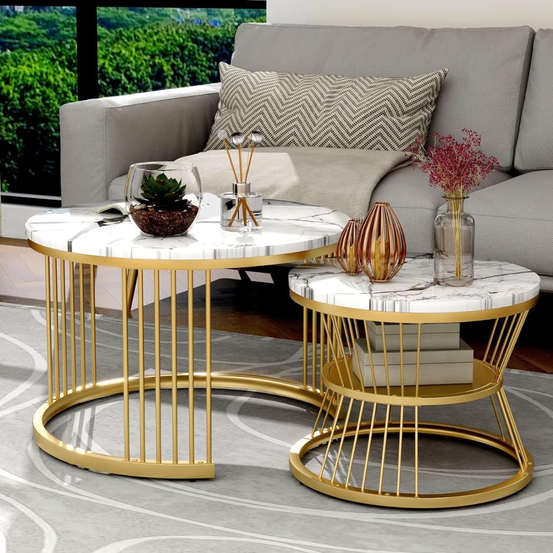 Modern Round Coffee Table Set of 2 – Golden Frame with White MDF Top | Nesting Tables for Living Room | Stylish Iron Base Coffee Table | Luxury Marble Finish Side Tables