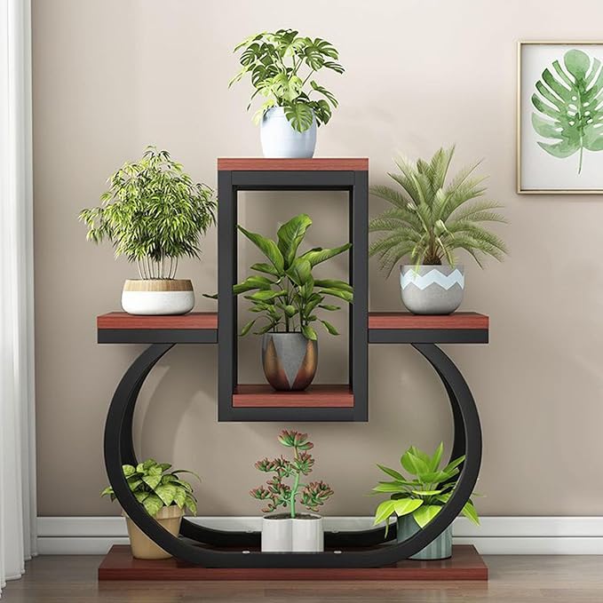 Modern Iron Plant Stand for Indoor Use – 3-Tier Wooden Flower Pot Display Shelf – Brown & Black Home Decor Planter Rack – Elegant Metal Frame – Stylish Garden Organizer