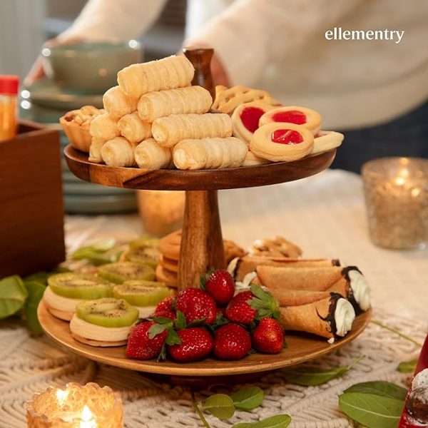 Modern 2-Tier Wooden Cake Stand – Natural Wood Pizza & Dessert Tray | Rustic Round Serving Platter for Parties, Weddings, Events | Decorative Tiered Stand - Image 3