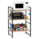 Modern Oven Stand for Kitchen | 3-Tier Brown & Black Rack with Hooks | Heavy-Duty Wood & Iron Multipurpose Shelf Organizer | Space-Saving Kitchen Storage Rack for Microwave, Utensils & More