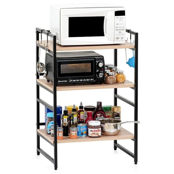 Modern Oven Stand for Kitchen | 3-Tier Brown & Black Rack with Hooks | Heavy-Duty Wood & Iron Multipurpose Shelf Organizer | Space-Saving Kitchen Storage Rack for Microwave, Utensils & More - Image 6