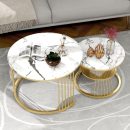 Modern Round Coffee Table Set of 2 – Golden Frame with White MDF Top | Nesting Tables for Living Room | Stylish Iron Base Coffee Table | Luxury Marble Finish Side Tables