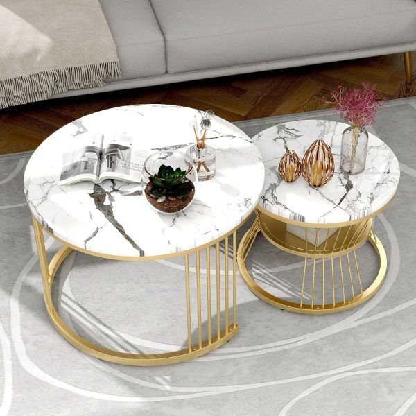 Modern Round Coffee Table Set of 2 – Golden Frame with White MDF Top | Nesting Tables for Living Room | Stylish Iron Base Coffee Table | Luxury Marble Finish Side Tables - Image 3