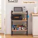 Modern Oven Stand for Kitchen | 3-Tier Brown & Black Rack with Hooks | Heavy-Duty Wood & Iron Multipurpose Shelf Organizer | Space-Saving Kitchen Storage Rack for Microwave, Utensils & More