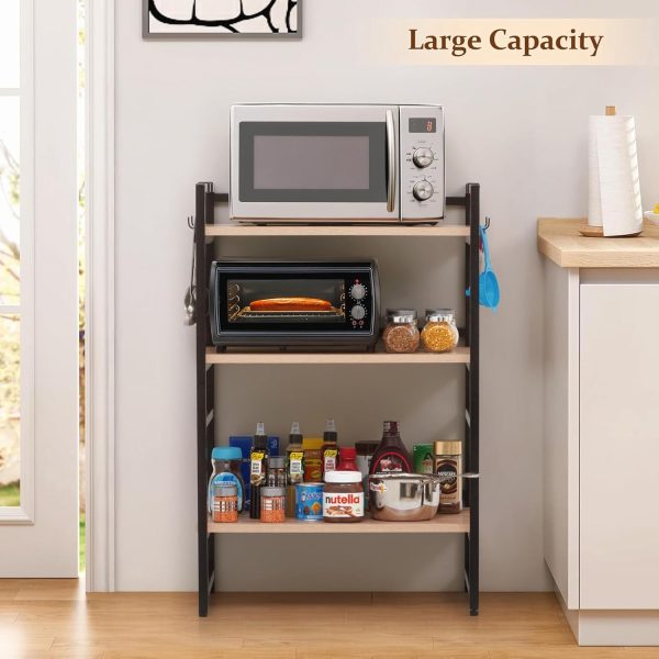Modern Oven Stand for Kitchen | 3-Tier Brown & Black Rack with Hooks | Heavy-Duty Wood & Iron Multipurpose Shelf Organizer | Space-Saving Kitchen Storage Rack for Microwave, Utensils & More - Image 4