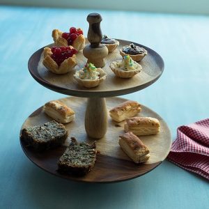 2-Tier Wooden Cake Stand – Natural Wood Pizza & Dessert Tray