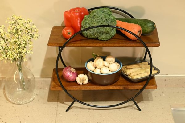 Modern Wooden & Iron Spice Rack | 2-Tier Circle Shelf for Kitchen & Home Decor | Wall Mounted Display Organizer | Black & Brown Round Storage Rack | Industrial Style Multipurpose Shelf - Image 2