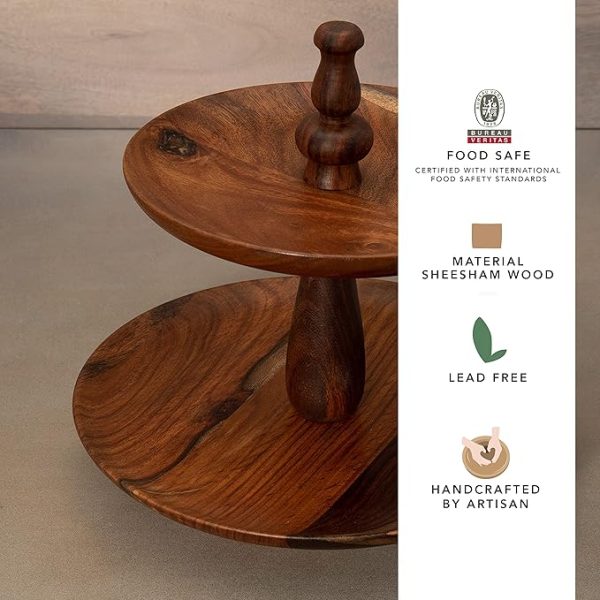 Modern 2-Tier Wooden Cake Stand – Natural Wood Pizza & Dessert Tray | Rustic Round Serving Platter for Parties, Weddings, Events | Decorative Tiered Stand - Image 4