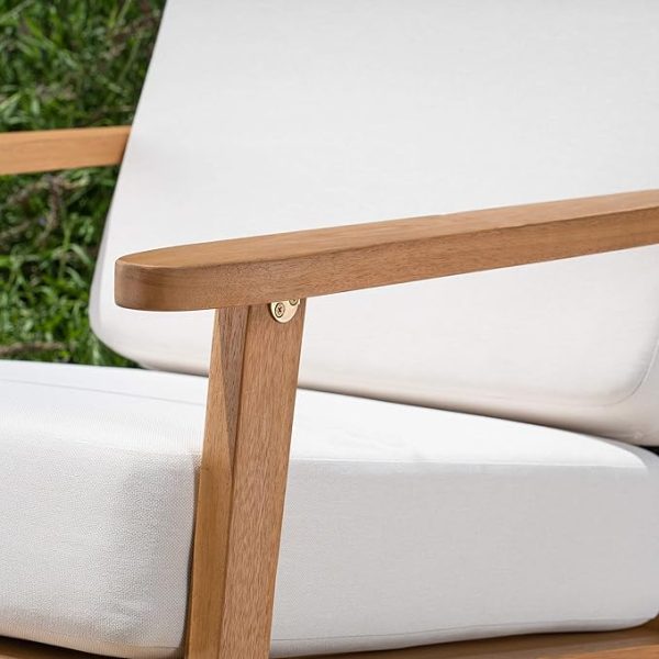 Premium Outdoor Wood Rocking Chair with White Cushions | Comfortable Patio Lounge Chair | Solid Wood Frame | Stylish Outdoor Furniture | Porch Rocker Chair for Garden or Balcony - Image 5