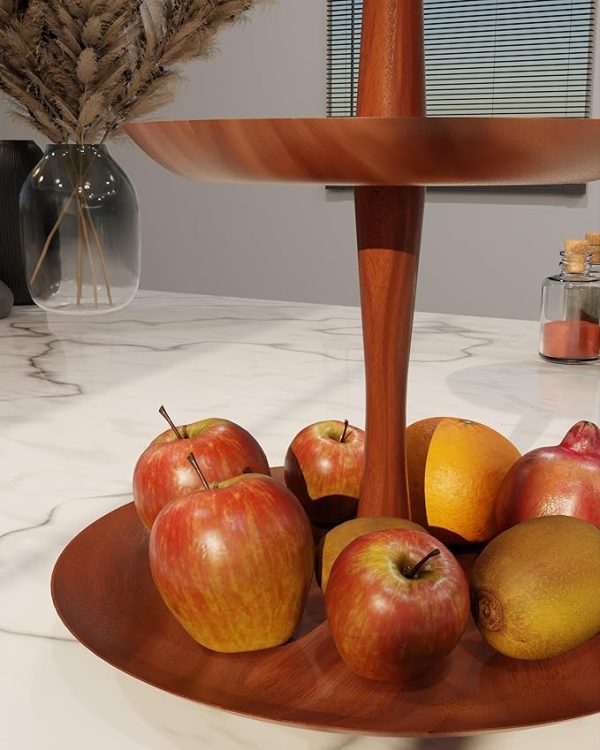 Modern 2-Tier Wooden Fruit Stand – Walnut Finish | Elegant Brown Wood Fruit Tray | Decorative Kitchen Organizer Display Rack | Durable, Stylish, Space-Saving Design - Image 3