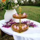 Modern 2-Tier Wooden Cake Stand with Gold Handle | Elegant Natural Wood & Gold Plated Serving Tray | Round Tiered Dessert Display Stand | Rustic Farmhouse Kitchen & Party Decor