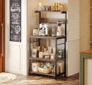 Modern Oven Stand for Kitchen Organizer with Hooks & Shelves | Rustic Brown & Black Iron-Wood Microwave Rack | Multi-Tier Kitchen Storage Shelf | Industrial Style Utility Baker’s Rack
