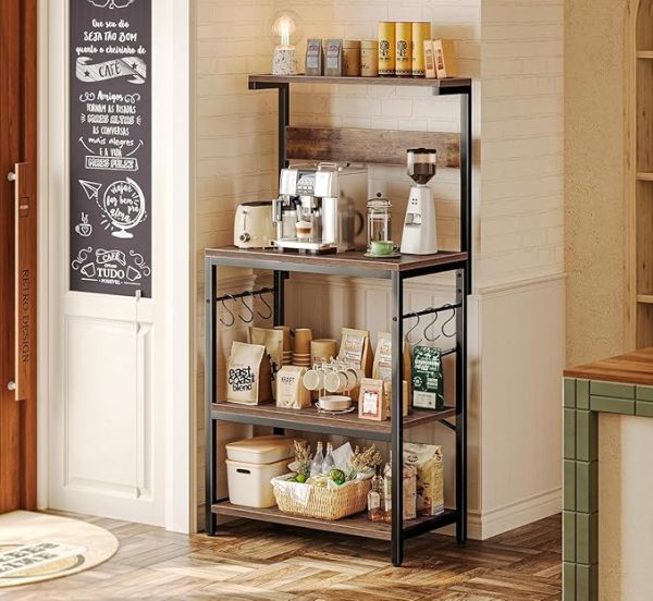 Modern Oven Stand for Kitchen Organizer with Hooks & Shelves | Rustic Brown & Black Iron-Wood Microwave Rack | Multi-Tier Kitchen Storage Shelf | Industrial Style Utility Baker’s Rack - Image 3