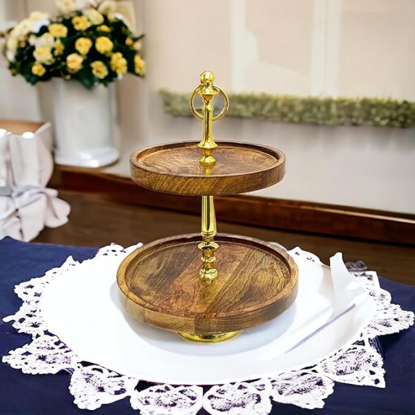 Modern 2-Tier Wooden Cake Stand with Gold Handle | Elegant Natural Wood & Gold Plated Serving Tray | Round Tiered Dessert Display Stand | Rustic Farmhouse Kitchen & Party Decor - Image 6