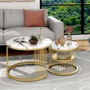 Modern Round Coffee Table Set of 2 – Golden Frame with White MDF Top | Nesting Tables for Living Room | Stylish Iron Base Coffee Table | Luxury Marble Finish Side Tables
