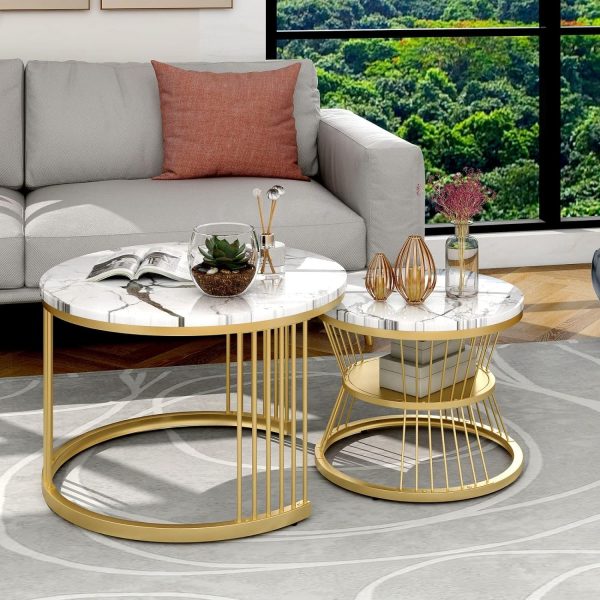 Modern Round Coffee Table Set of 2 – Golden Frame with White MDF Top | Nesting Tables for Living Room | Stylish Iron Base Coffee Table | Luxury Marble Finish Side Tables - Image 7