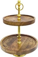 Modern 2-Tier Wooden Cake Stand with Gold Handle