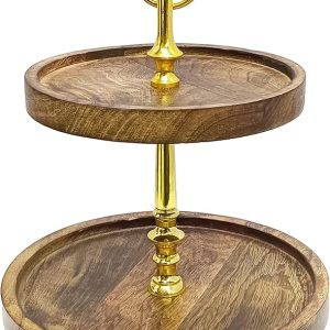 Modern 2-Tier Wooden Cake Stand with Gold Handle