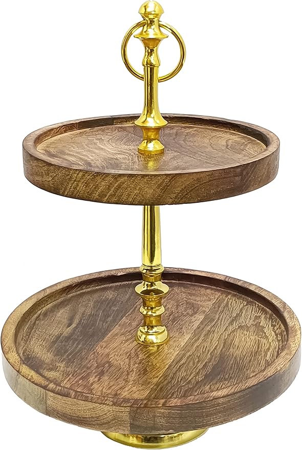 Modern 2-Tier Wooden Cake Stand with Gold Handle | Elegant Natural Wood & Gold Plated Serving Tray | Round Tiered Dessert Display Stand | Rustic Farmhouse Kitchen & Party Decor