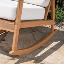 Premium Outdoor Wood Rocking Chair with White Cushions | Comfortable Patio Lounge Chair | Solid Wood Frame | Stylish Outdoor Furniture | Porch Rocker Chair for Garden or Balcony