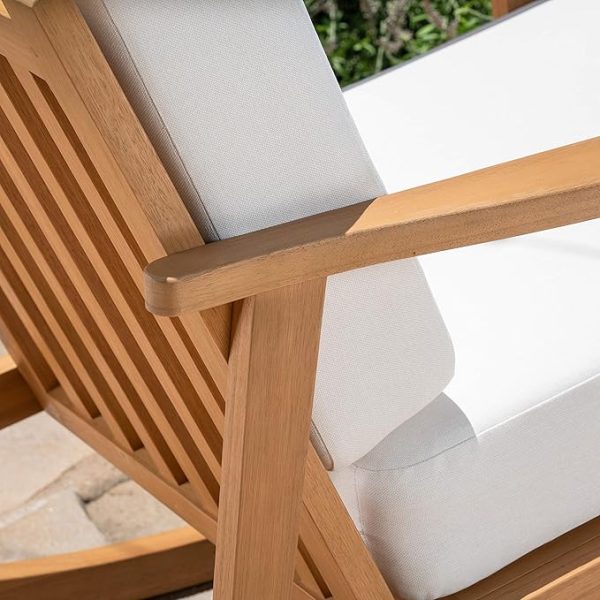 Premium Outdoor Wood Rocking Chair with White Cushions | Comfortable Patio Lounge Chair | Solid Wood Frame | Stylish Outdoor Furniture | Porch Rocker Chair for Garden or Balcony - Image 2